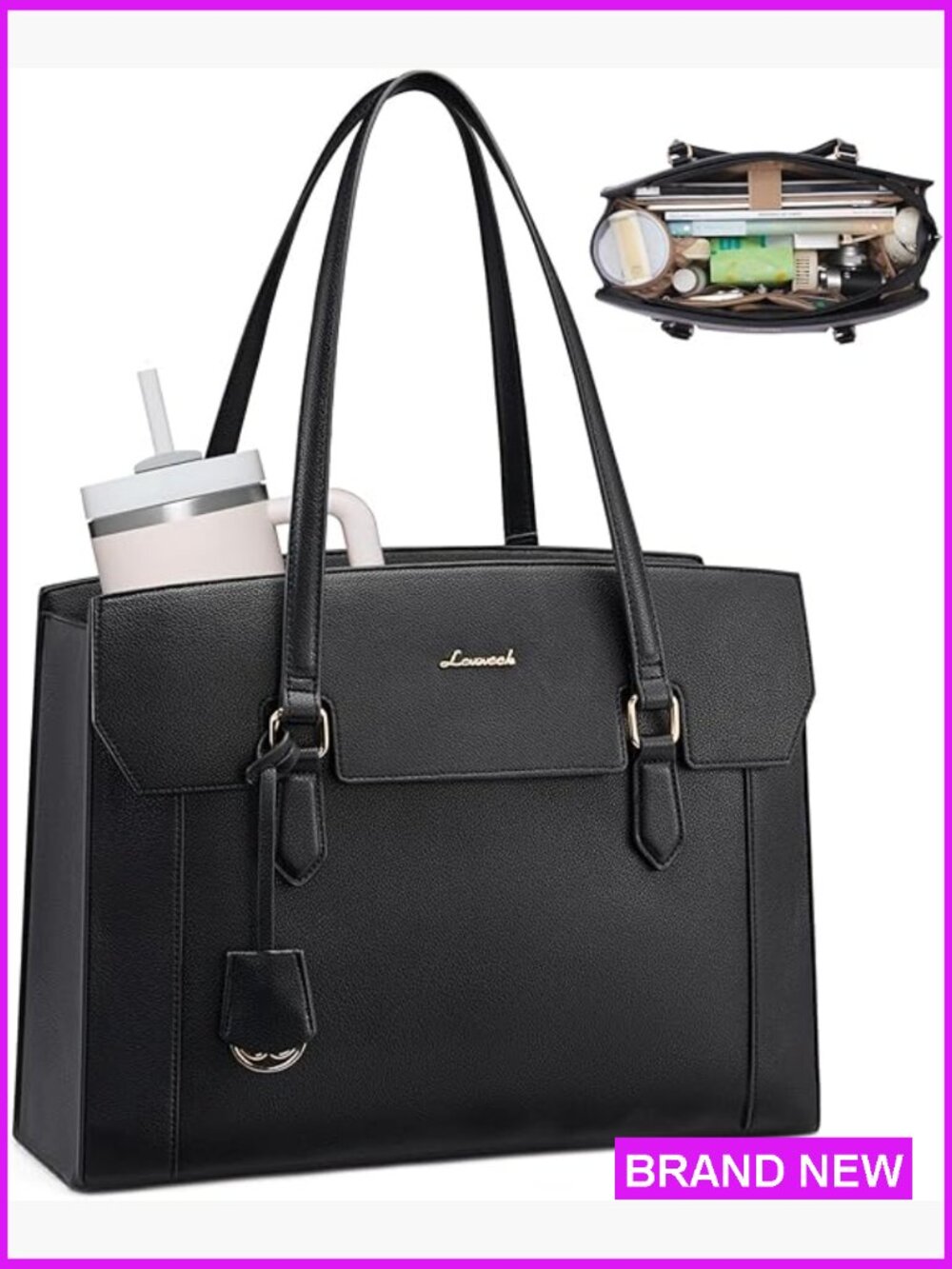 Laptop Tote Bag Work Briefcase With Cup Holder 15.6 Inch PU Leather Tote